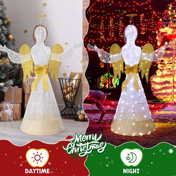 4.5FT Lighted Christmas Angel Outdoor Decoration, Weather Proof Angel with Wings Christmas Ornament Home Decor Pre-lit 200 LED White Lights with Stakes