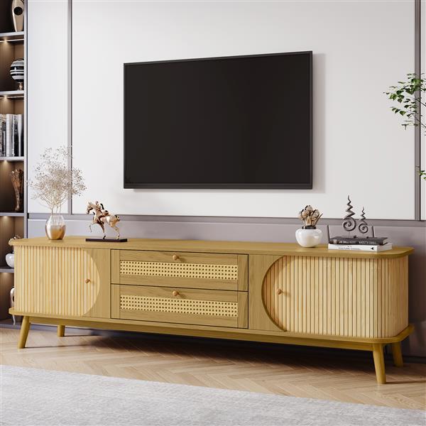 Rattan TV Stand for TVs up to 75'', Modern Farmhouse Media Console, Entertainment Center with Solid Wood Legs, TV Cabinet for Living Room,Home Theatre