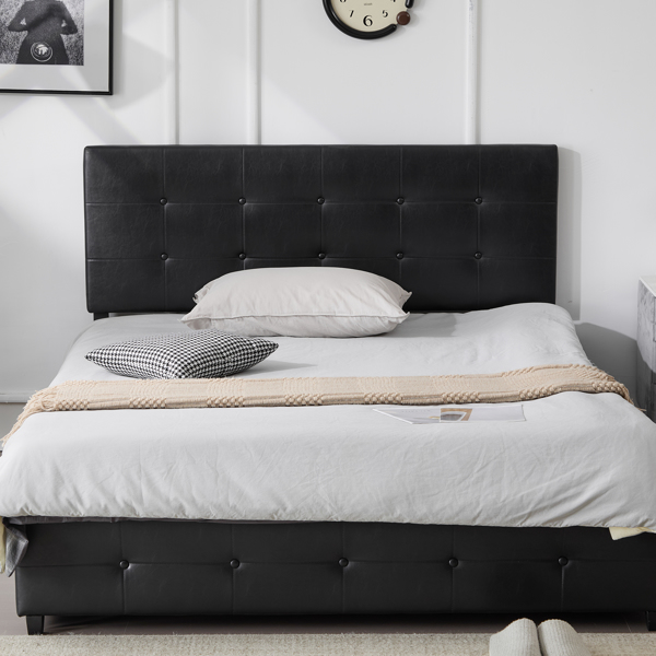 Upholstered Queen Platform Storage Bed Frame with 4 Drawers, Adjustable Headboard with Faux Leather Button Tufted Design, Wooden Slat Support, No Box Spring Needed, Black