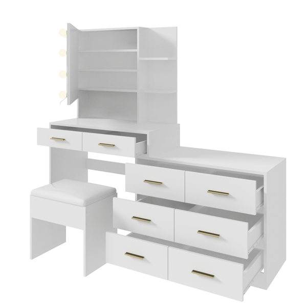 Large Makeup Vanity with Lights, Vanity Table with Charging Station, Vanity Desk with Mirror and 10 LED Light Bulbs, Makeup Table with Drawers and Storage Shelves, White