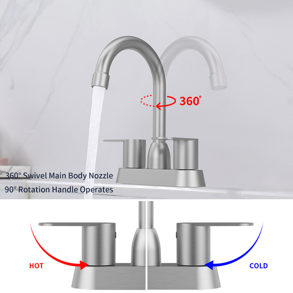 Bathroom Sink Faucet Brushed Nickel 2-Handle 360 Degree High Arc Swivel Spout Centerset 4 Inch Vanity Faucet RV 3 Holes Lavatory Faucet[Unable to ship on weekends, please note that]