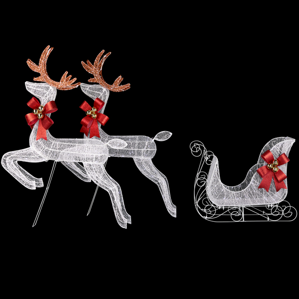 3-Piece Lighted Set of 2 Reindeer & Sleigh, Weather Proof Christmas Outdoor Decorations with Pre-lit 270 LED White Lights and Stakes for Xmas Outdoor Holiday Indoor Decor Lighted Holiday Displays