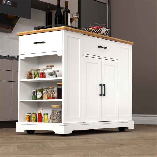 46'' Multi-Storage Rolling Kitchen Island with Rubber Wood Tabletop, Large Farmhouse Kitchen Cart with Adjustable Shelves and Drawers, Movable Dinning Table Bar with Storage Cabinet for Kitchen