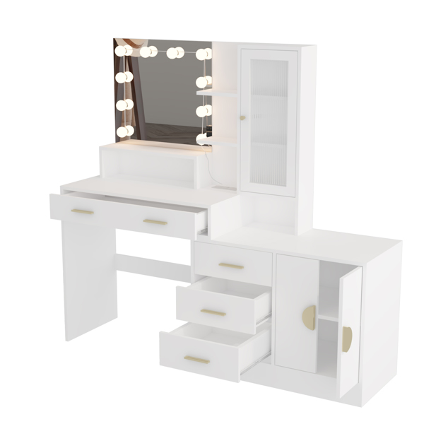 Large Makeup Vanity with Lights, Vanity Table with Charging Station, Vanity Desk with Mirror and 10 LED Light Bulbs, Makeup Table with Drawers and Storage Shelves and Cabinets, White