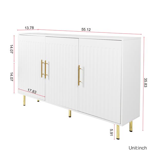 3-Door Large Storage Sideboard with Gold Handles for Kitchen, Dining Room and Living Room.55.12" W Accent White Buffet Cabinet, Coffee Bar Sideboard Cabinet with 3 doors (White)