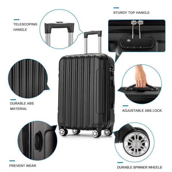 4 Piece Luggage Sets, 16/20/24/28" ABS Durable Suitcase Sets Double Wheels TSA Lock, Black