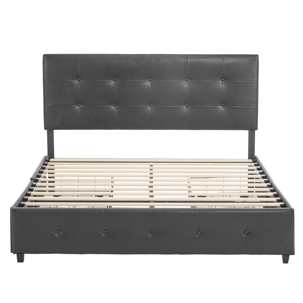 Upholstered Queen Platform Storage Bed Frame with 4 Drawers, Adjustable Headboard with Faux Leather Button Tufted Design, Wooden Slat Support, No Box Spring Needed, Black