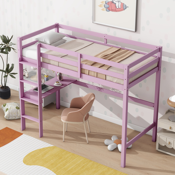 Twin High Loft Bed, Rubber Wood Loft Bed with Safety Guardrail, built-in desk, ladder,Pink 