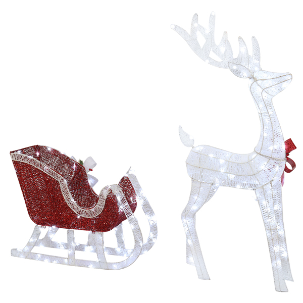 4ft Lighted Christmas Reindeer & Sleigh Outdoor Yard Decoration Set with LED Lights, Red & White