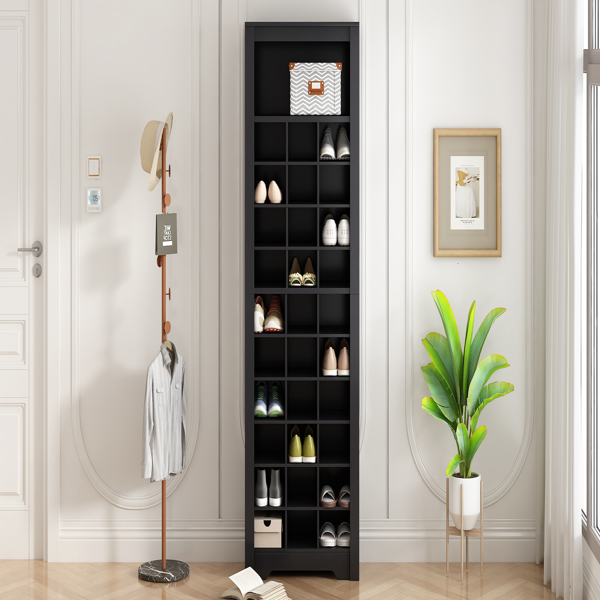 Stylish Design 30 Shoe Cubby Console, Contemporary Shoe Cabinet with Multiple Storage Capacity, Free Standing Tall Cabinet with Versatile Use for Hallway,  Bedroom, Black