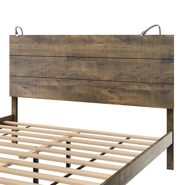 Farmhouse Wooden Platform Queen Size Bed, Modern Platform Bed with Two Bedside Lights, Antique Walnut