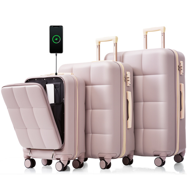 Luggage Sets 3 Piece, 20-inch with USB Port and front opening design,  ABS Hard Shell Luggage with Spinner Wheels, Cup Holder