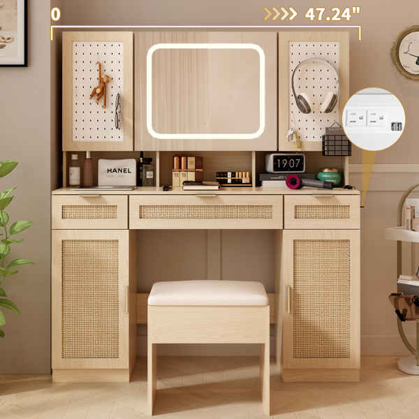 Large Vanity Table Set with LED Lighted Mirror and 2 DIY Pegboards, 5 Hooks, Vanity Desk with Charging Station, Makeup Table with Drawers, Storage Shelves and Cabinets, Cushioned Stool for Bedroom