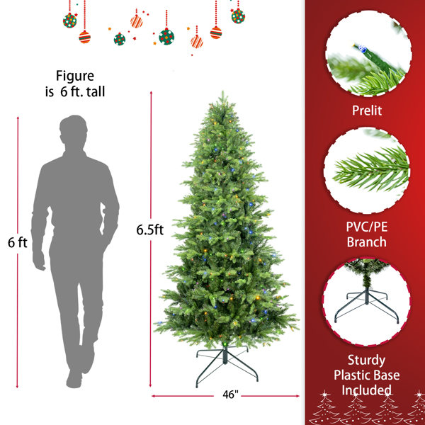 6.5ft Artificial Christmas Tree Prelit PE&PVC with Metal Stand,450 Bi-Colour LED Lights,1791 Branch Tips Green Everett Balsam Tree Easy Assembly for Indoor,Home 50 x 50 x 90 inches 