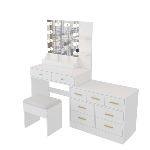 Large Makeup Vanity with Lights, Vanity Table with Charging Station, Vanity Desk with Mirror and 10 LED Light Bulbs, Makeup Table with Tabletop Compartments, Drawers and Storage Shelves, White