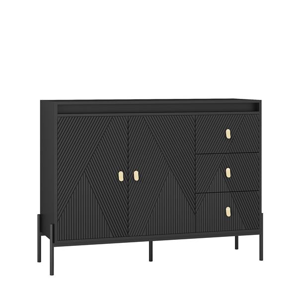 Buffets & Sideboards, Fluted Sideboard Cabinet, 2 Door 3 Drawer Design, with Led Lights,Black Sideboard - Elegant Cabinet Ideal for Dining Room and Kitchen Storage,Black