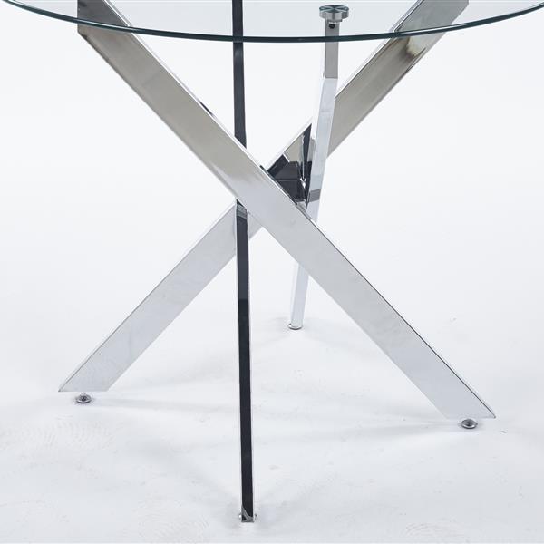 Dining Table with cross metal leg and tempered glass,Modern Space Saving Kitchen Table for Living Room,chrome legs