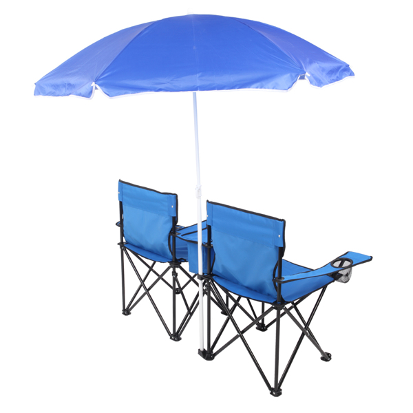 Portable Outdoor 2-Seat Folding Chair with Removable Sun Umbrella Blue