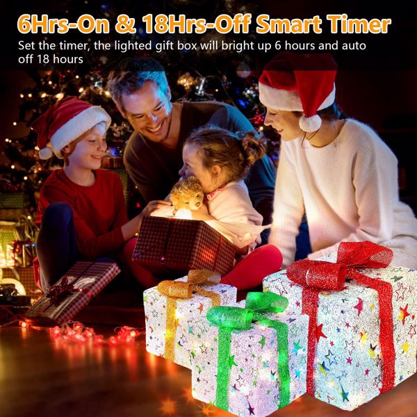 Set of 3 Christmas Lighted Gift Boxes Xmas Present Ornament 50 LED Christmas Box Decorations with Ribbon Bows IP44 Waterproof Battery Powered for Indoor Outdoor Decor