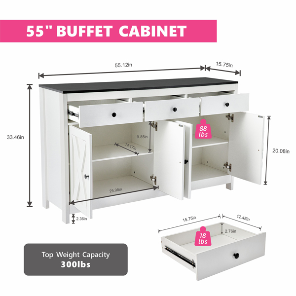 Generisch Buffet Schrank, Moderner Landhausstil Holz Kommode, Sideboard mit 3 Schubladen & 4 Fächern, Kaffeebar für Esszimmer Küche Wohnzimmer, 140x40x85 cm