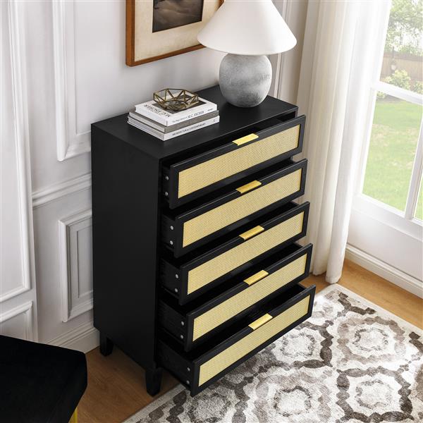 Bedroom 5 drawer dresser, rattan dresser modern wooden chest of drawers with spacious storage space for bedroom hallway living room