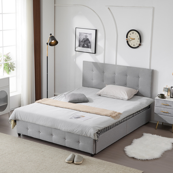 Upholstered Queen Platform Storage Bed Frame with 4 Drawers, Adjustable Headboard with Button Tufted Design, Wooden Slat Support, No Box Spring Needed, Light Grey