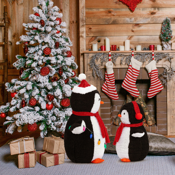 2-Piece Lighted Plush Penguins Christmas Yard Decorations, Set of 2 Pre-lit Pull Up Penguins with 150 Warm White LEDs, Multi-color Light String and Stakes for Xmas Outdoor Holiday Indoor Decor