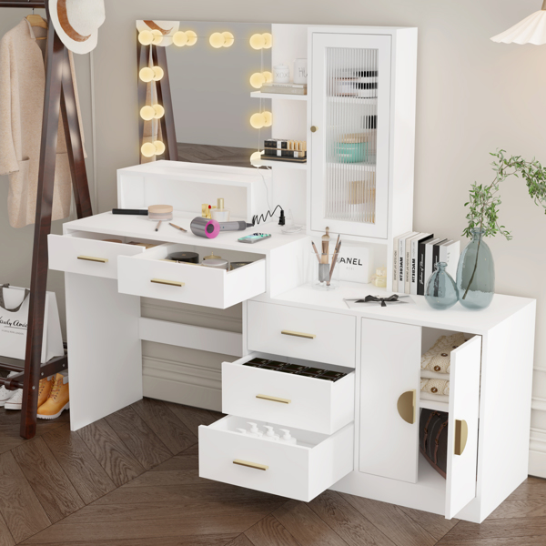 Large Makeup Vanity with Lights, Vanity Table with Charging Station, Vanity Desk with Mirror and 10 LED Light Bulbs, Makeup Table with Drawers and Storage Shelves and Cabinets, White