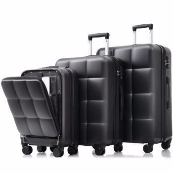 Luggage Sets 3 Piece, 20-inch with USB Port and front opening design,  ABS Hard Shell Luggage with Spinner Wheels, Cup Holder, black and brown