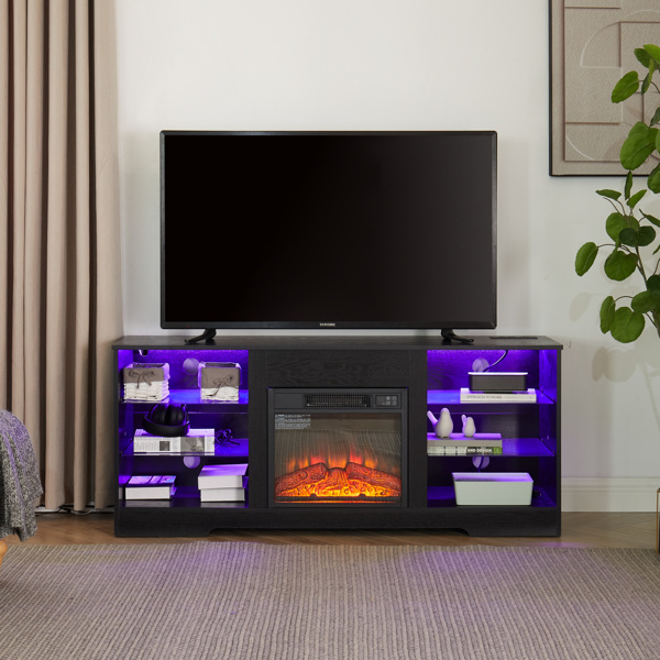 TV Stand Electric Fireplace Glass Shelves, 3D Fireplace TV Stand with LED Lights Wood with USB Charging Outlet Modern Television Table Center for TV up to 62" Black 58''W*15.5''D*24.4 