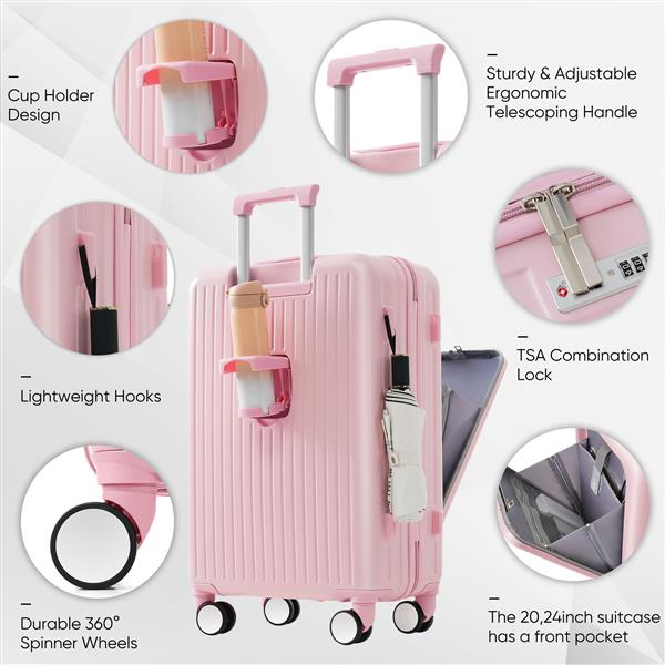 Luggage Set of 4 with USB Port, 20, 24inch with front opening design Airline Certified Carry on Luggage with Cup Holder, ABS Hard Shell Luggage with Expandable Travel Bag, pink