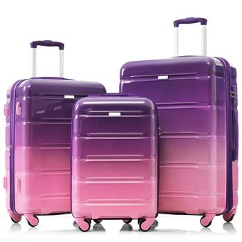 Luggage Set of 3, 20-inch with USB Port, Airline Certified Carry-on Luggage with Cup Holder, ABS+PC Hard Shell Luggage with Spinner Wheels, purple and pink