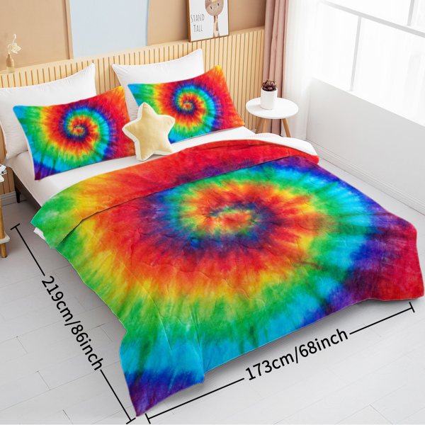 Tie Dye Comforter Set Full Size Rainbow Bedding for Girls 3 Piece Boho Colorful Fluffy Quilt Set for Teen Kids 3pc Tie Dye Bedspreads (Orange Blue Green) （Maybe Shipment from FBA）