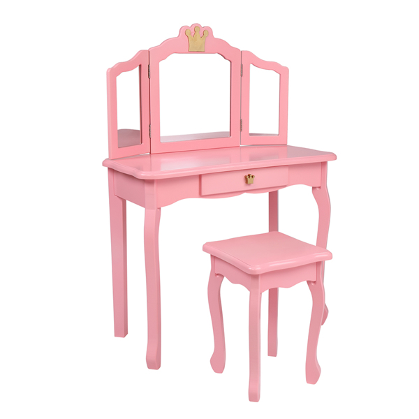 Children's Wooden Dressing Table Three-Sided Folding Mirror Dressing Table Chair Single Drawer Pink Crown Style