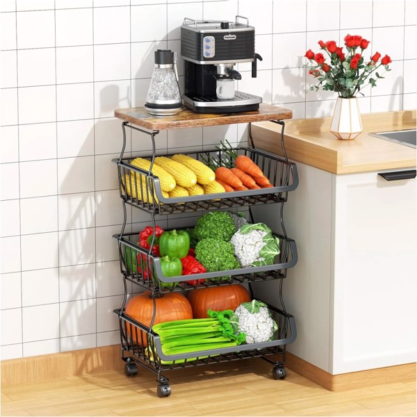 4 Tier Fruit Storage Basket, Fruit Vegetable Cart with Solid Wood, Kitchen Storage Rack with Rollers for Pantry