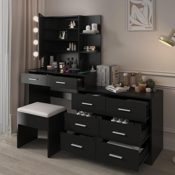 Large Makeup Vanity with Lights, Vanity Table with Charging Station, Vanity Desk with Mirror and 10 LED Light Bulbs, Makeup Table with Drawers and Storage Shelves, Black