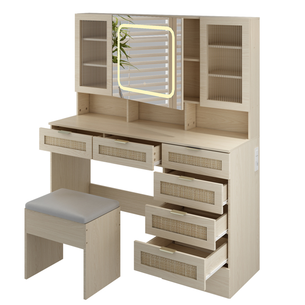 Large Vanity Table Set with LED Lighted Mirror, Vanity Desk with Charging Station, Makeup Table with Glass Doors, Drawers and Storage Shelves, Cushioned Stool for Bedroom, Natural