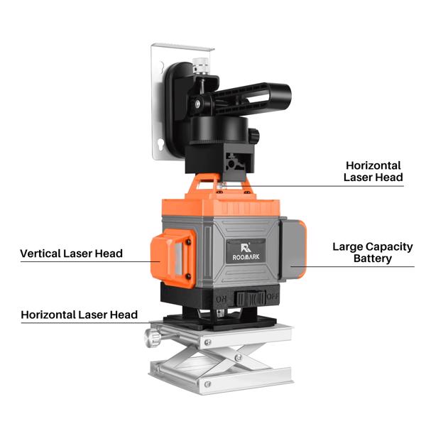 Kreuzlinienlaser Grün 4x360°, Laser Wasserwaage 16 Linien, Baulaser Kreuzlaser Linienlaser Selbstnivellierende, 6000 mAh Batterien, Wandhalterung, Fernbedienung, Magnetfuß, Drehständer (Orange-Grau)