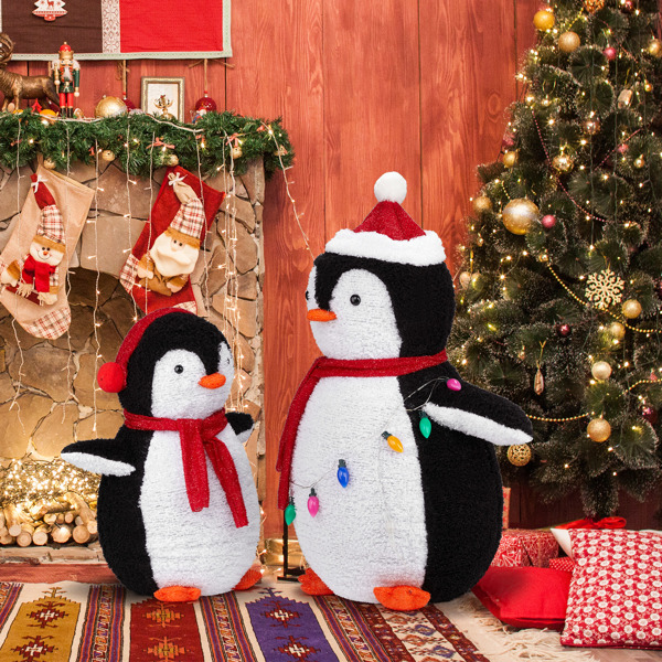 2-Piece Lighted Plush Penguins Christmas Yard Decorations, Set of 2 Pre-lit Pull Up Penguins with 150 Warm White LEDs, Multi-color Light String and Stakes for Xmas Outdoor Holiday Indoor Decor