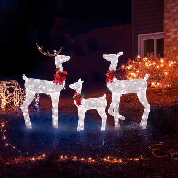 3-Piece Lighted Christmas Reindeer Family Set Outdoor Decorations, Weather Proof 2D Deer Family Set of 3 Christmas Ornament Home Decor Pre-lit 200 LED White Lights with Stakes, White