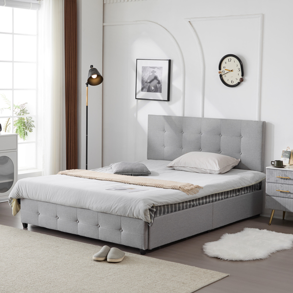 Upholstered Queen Platform Storage Bed Frame with 4 Drawers, Adjustable Headboard with Button Tufted Design, Wooden Slat Support, No Box Spring Needed, Light Grey