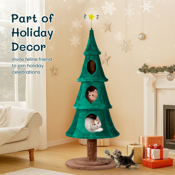 65in Large Tall Christmas Tree Cat Tower with 3 Cat Houses, Soft Fleece Cat Tree with  Teaser Toy & Sturdy Base & Built-in Openings for Indoor Cats