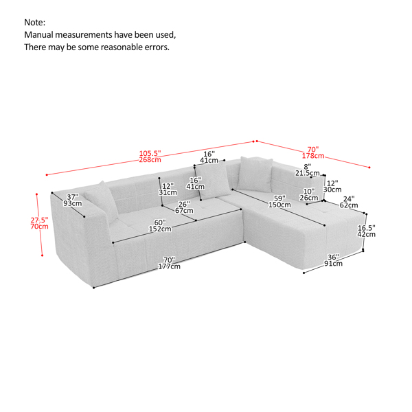 105.5" Modular L-Shaped Sectional Floor Couch, Deep Seat Tufted Comfy Sofa set with Chaise for Living Room 