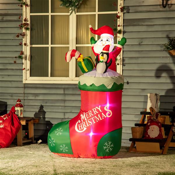 5ft Christmas Inflatables Outdoor Decorations Santa and Penguin Standing in Sock with Candy Cane Gift Box, Blow-Up LED Yard Christmas Decor for Lawn Garden Party