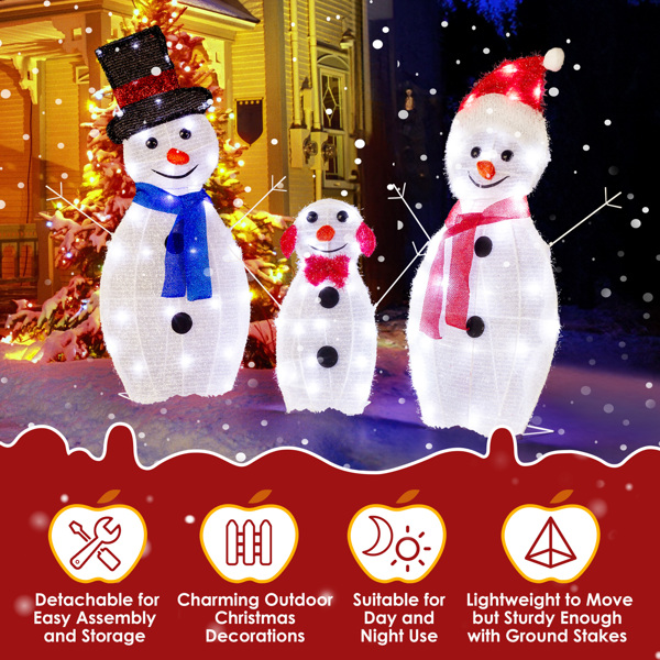 Lighted Snowman Christmas Yard Decorations, Set of 3 Pre-lit 2D Snowman Family with 80 LED White Lights and Stakes for Xmas Outdoor Holiday Indoor Decor Lighted Holiday Displays