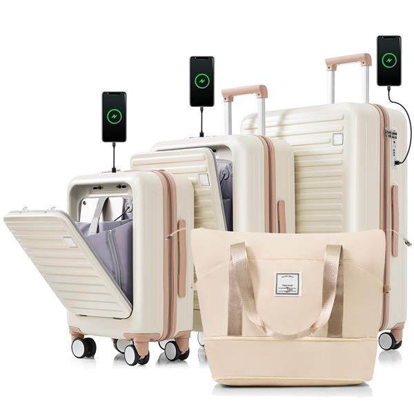 Luggage Set of 4 with USB Port, 20, 24inch with front opening design Airline Certified Carry on Luggage with Cup Holder, ABS Hard Shell Luggage with Expandable Travel Bag, ivory and gloden