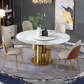 Modern Marble Dining Table with Removable Turntable, 59\\" Round Sintered Stone Table with Stainless Steel Base, 5-Piece Dining Table Set for Dining Room, Kitchen, Dinette, Compact Space (LTL item)