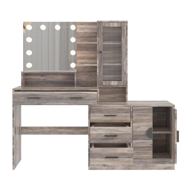 Large Makeup Vanity with Lights, Vanity Table with Charging Station, Vanity Desk with Mirror and 10 LED Light Bulbs, Makeup Table with Drawers and Storage Shelves and Cabinets, Gray