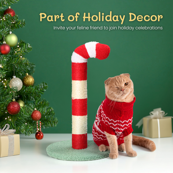 Christmas Cat Scratching Post, Cute Candy Cane Cat Scratcher with Sisal Scratching Post & Soft Plushy Covering for Indoor Cats