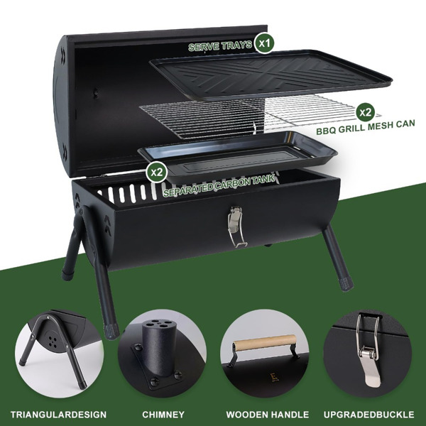 Table Top Grill Charcoal with Smoker, Double Side Use Small Charcoal Grill Portable with Grate and Fry Pan for Outdoor Camping BBQ,15.8in*11.6in*16.7in